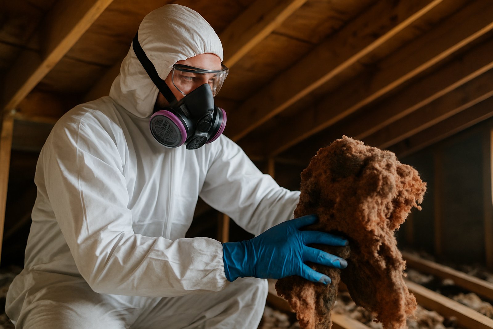 Technician during an animal waste cleanup removing contaminated insulation in a Houston attic