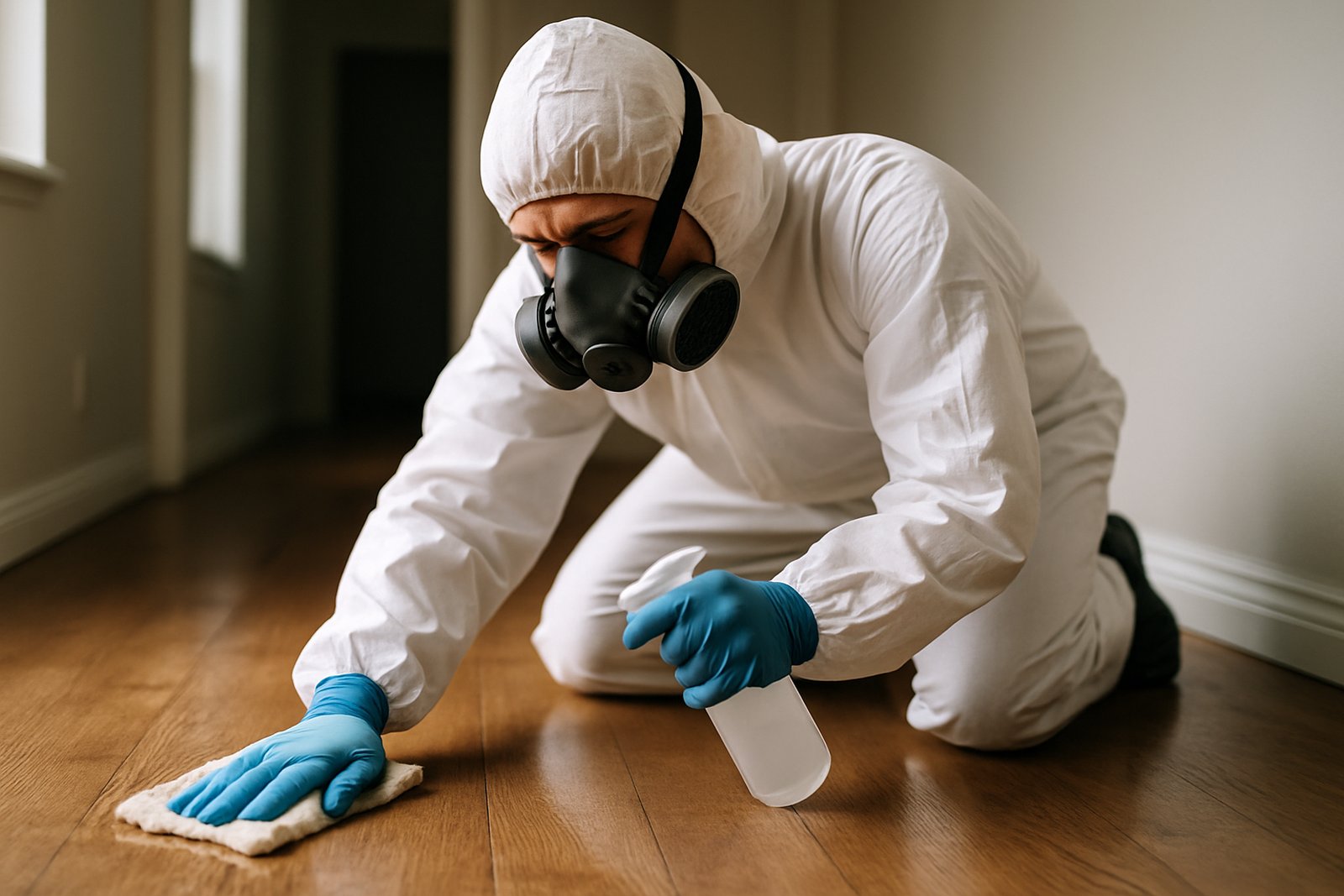 Technician disinfecting a floor after a blood cleanup in Houston