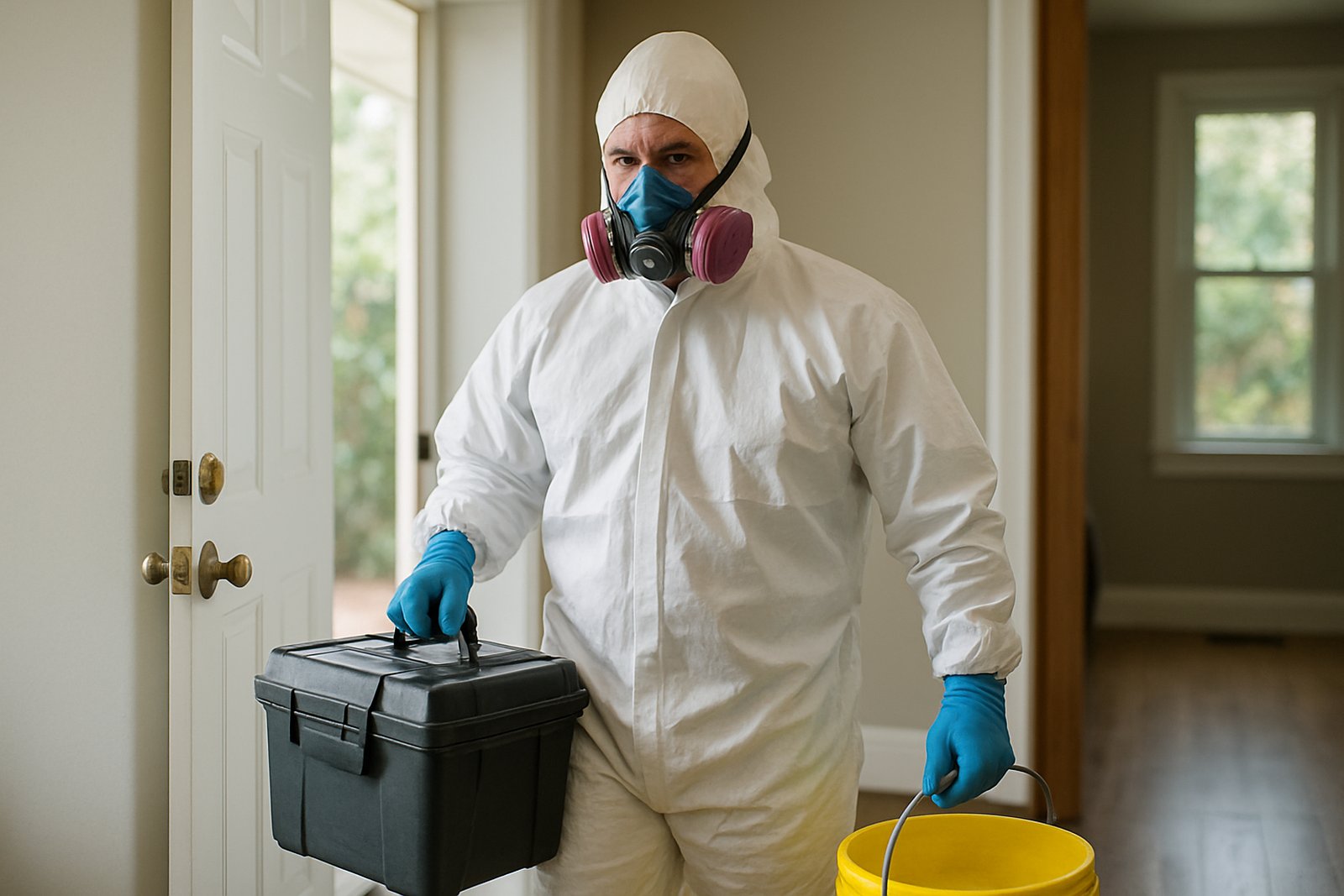 Crime scene cleanup crew in protective equipment at a Houston property