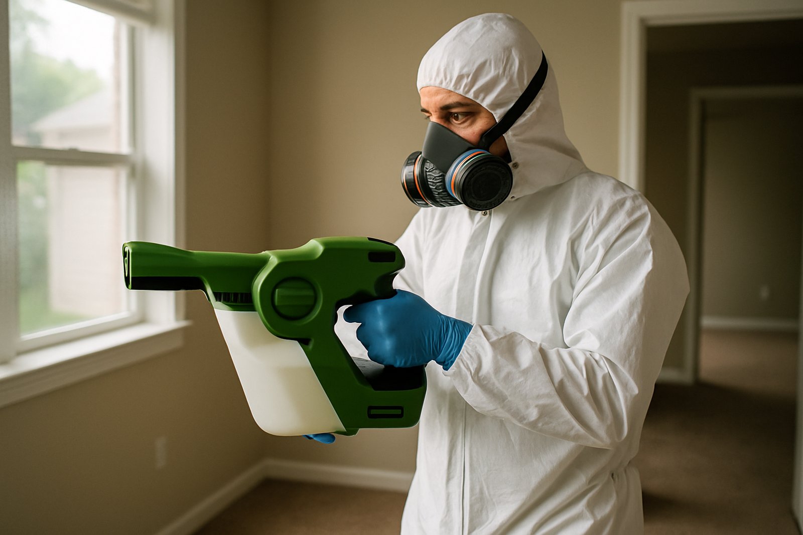 Technician providing disinfection services with an electrostatic sprayer in a Houston office