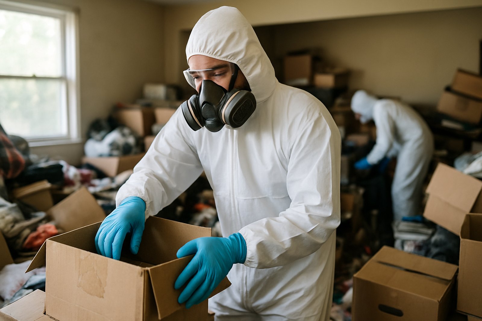 Crew during a hoarding cleanup sorting and clearing a room in a Houston home