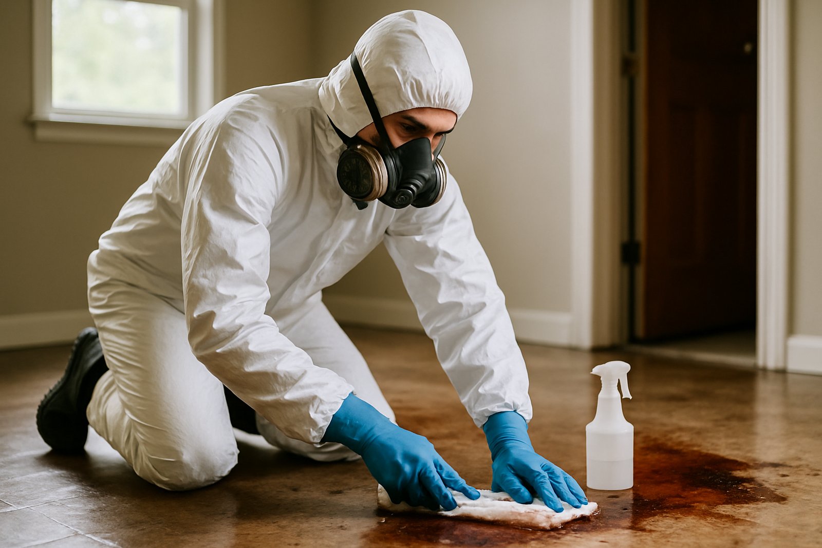 Technician in protective gear during a sewage cleanup after a backup in a Houston home