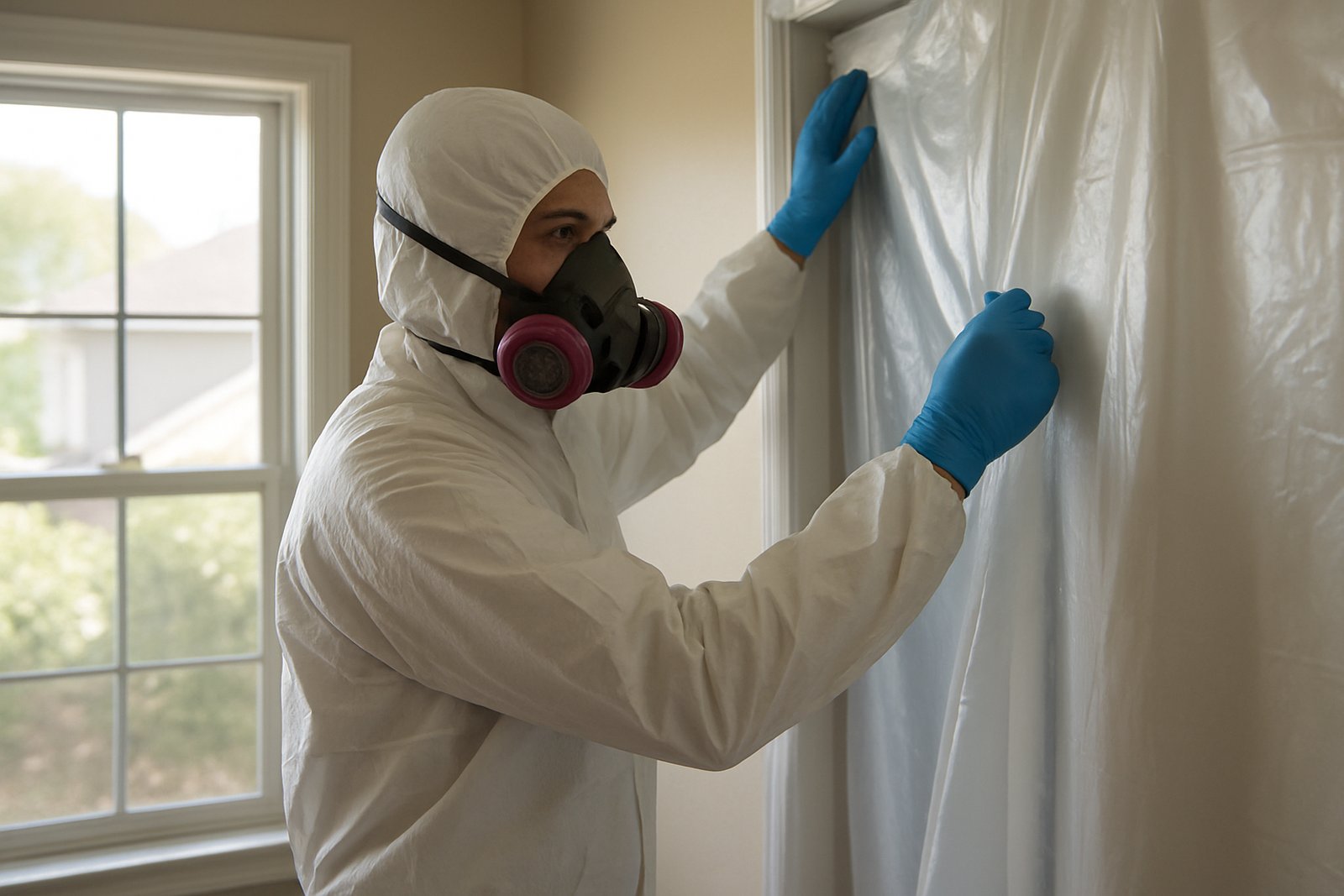 Technician preparing containment for an unattended death cleanup in a Houston home